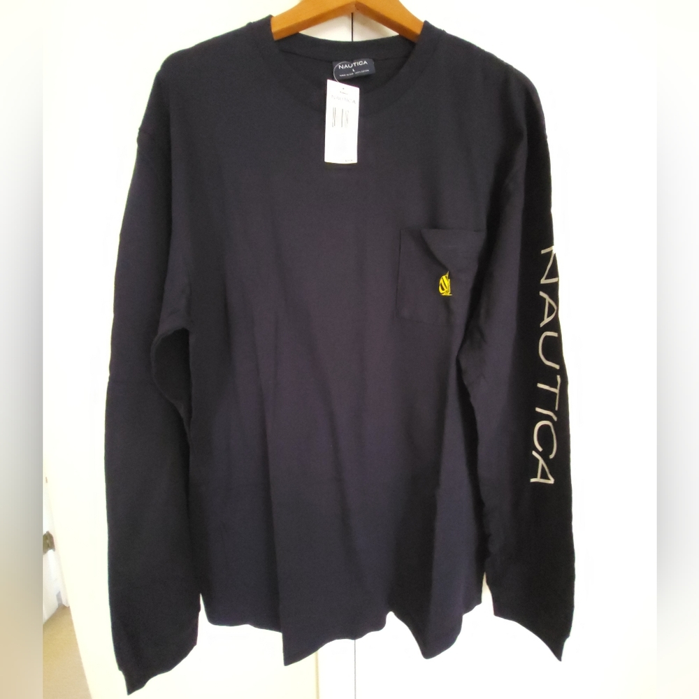 NWT Nautica Navy / Yellow Spell-Out Long Sleeve Shirt Sz L